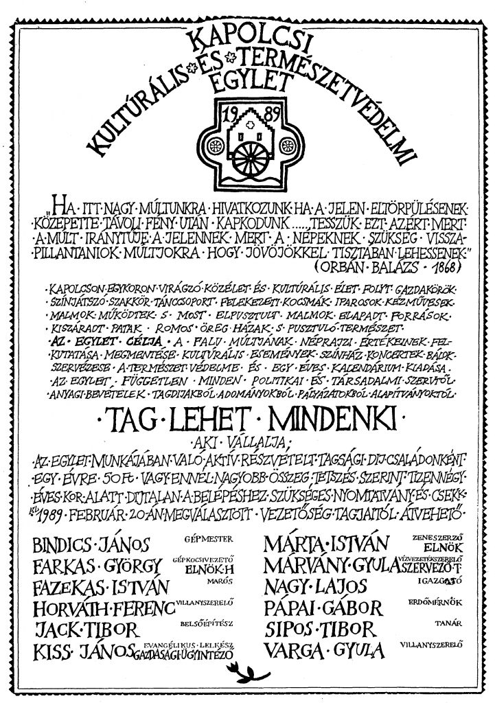 Kapolcsi Kulturális és Természetvédelmi Egyleti alapíto plakát 1989
