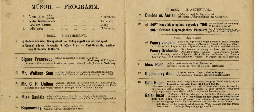 Wulff Ede cirkuszának programja 1901-ből (MaNDA)