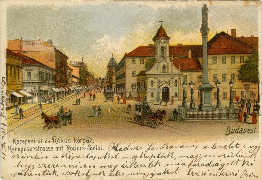 A Kerepesi (ma Rákóczi) út és a Rókus Kórház, képeslap 1902-ből - Terleczky József, CC BY-NC-ND