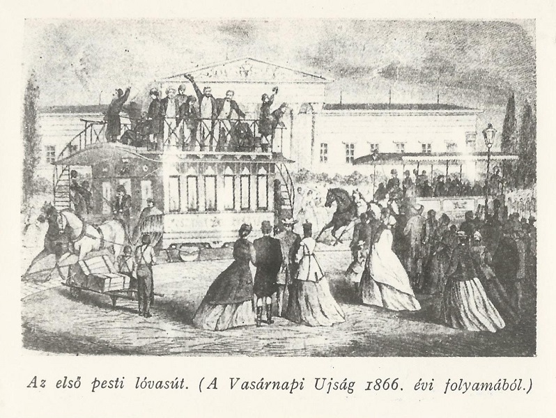 Az első pesti lóvasút a Vasárnapi Újság illusztrációján, 1866 - Magyar Kereskedelmi és Vendéglátóipari Múzeum, CC BY-NC-ND