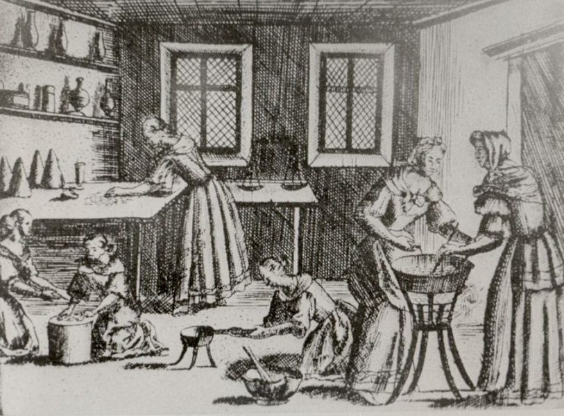 17. századi konyha marcipánt készítő asszonyokkal, repró - Magyar Kereskedelmi és Vendéglátóipari Múzeum, CC BY-NC-ND