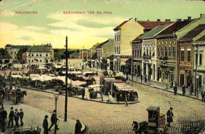 Kolozsvár, Széchenyi tér és piac, képeslap - MKVM, CC BY-NC-ND
