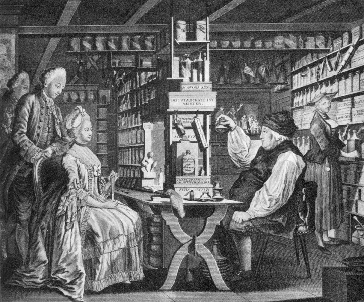 Üzletkép, reprodukció. Vizeletvizsgálat a gyógyszertárban (18. század) - Magyar Kereskedelmi és Vendéglátóipari Múzeum, CC BY-NC-ND
